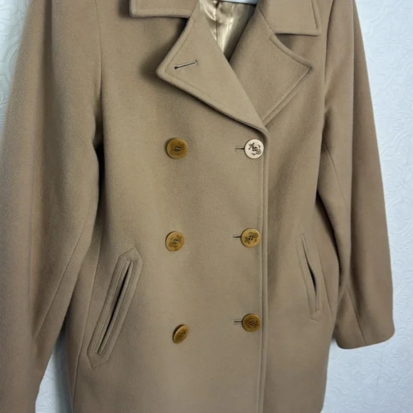 LL Bean Peacoat Tan Wool Nylon Double Breasted Size 12 Cream Beige Coat Jacket - Picture 4 of 8
